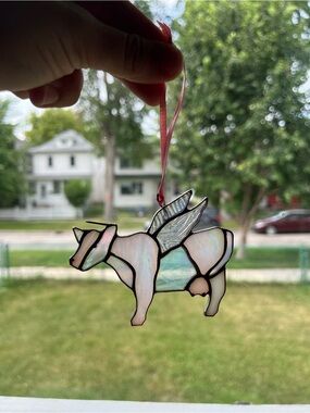 Baby Pink Stained Glass Cow Angel Ornament